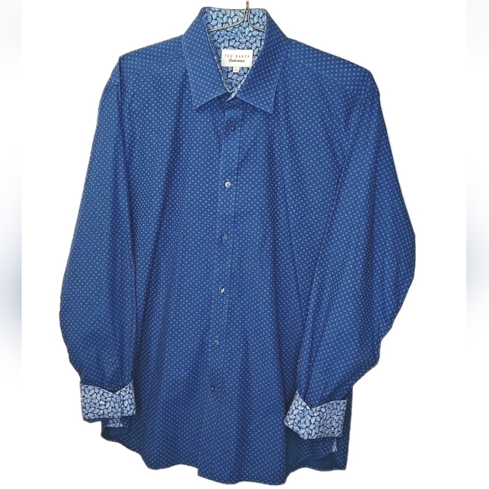 Ted Baker Endurance Flip Cuff Shirt Men XL Sz 17 34/35 Blue Button Front Preppy